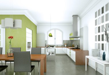 Güzel bir tasarım ile bir evde beyaz modern mutfak