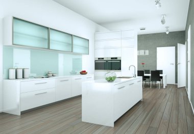 Beyaz modern mutfak bir çatı katında güzel bir tasarım ile