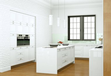 Güzel bir tasarım ile bir evde beyaz modern mutfak