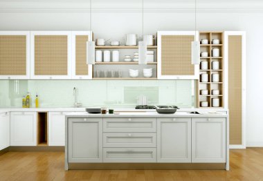 Güzel bir tasarım ile bir evde beyaz modern mutfak