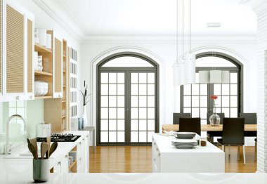 Güzel bir tasarım ile bir evde beyaz modern mutfak