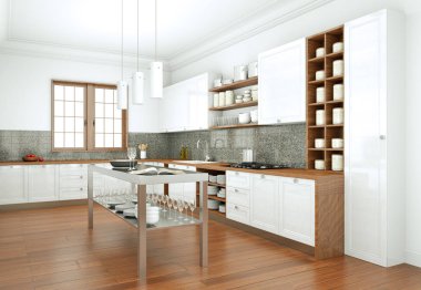 Güzel bir tasarım ile bir evde beyaz modern mutfak