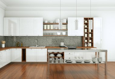 Güzel bir tasarım ile bir evde beyaz modern mutfak