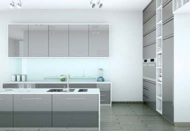 güzel bir tasarım ile bir evde gri modern mutfak