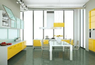 Çatı katında güzel bir tasarım ile sarı modern mutfak