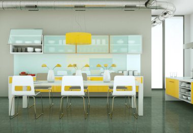 Çatı katında güzel bir tasarım ile sarı modern mutfak