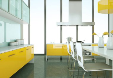 Çatı katında güzel bir tasarım ile sarı modern mutfak