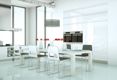 Güzel bir tasarım ile bir evde beyaz modern mutfak