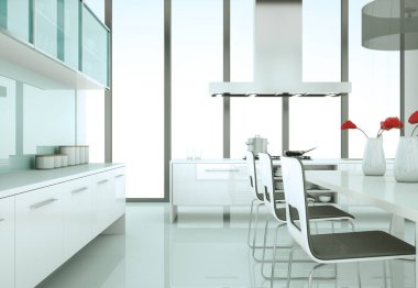 Güzel bir tasarım ile bir evde beyaz modern mutfak