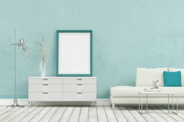 Hafif mavi duvar ile modern İskandinav tasarım beyaz kanepe