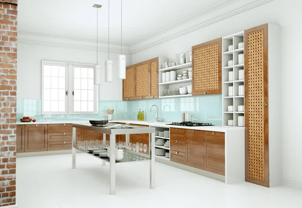 Vitt modernt kök i ett hus med en vacker design — Stockfoto