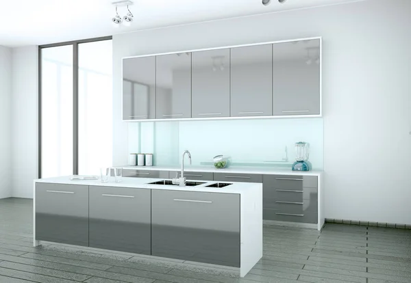 Cucina moderna grigia in una casa con un bel design — Foto Stock