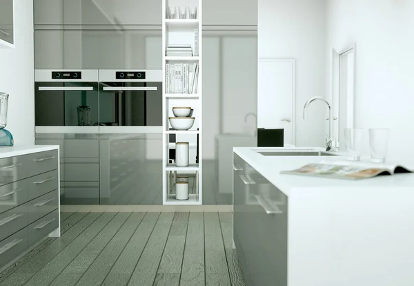 Cocina moderna gris en una casa con un hermoso diseño — Foto de Stock