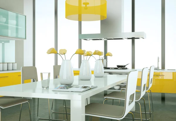 Cocina moderna amarilla en un loft con un hermoso diseño — Foto de Stock