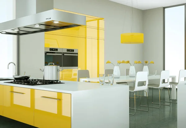 Yellow modern kitchen in a loft with a beautiful design — Stock Photo, Image