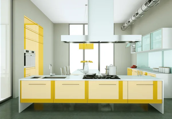 Yellow modern kitchen in a loft with a beautiful design — Stock Photo, Image