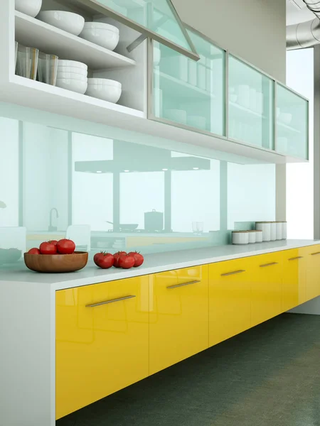 Cuisine moderne jaune dans un loft avec un beau design — Photo