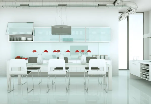 Cocina moderna blanca en una casa con un hermoso diseño — Foto de Stock