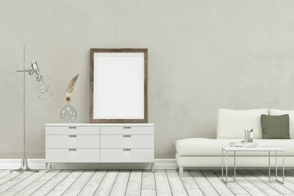 Biała kanapa we współczesny Skandynawski design — Zdjęcie stockowe