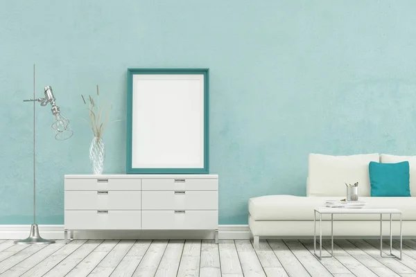 Sofá blanco de diseño escandinavo moderno con pared azul claro — Foto de Stock