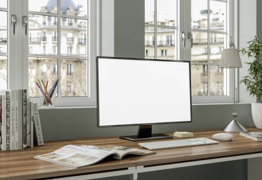 Modern beyaz ev ofis iç tasarım 3d render