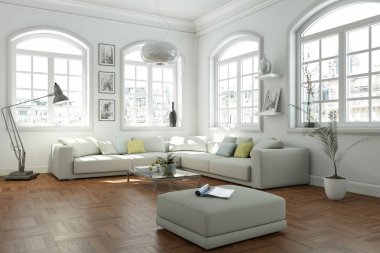 Modern parlak skandinavian iç tasarım oturma odası