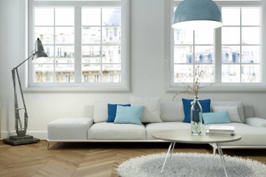 Modern beyaz skandinavian iç tasarım oturma odası 3d çizim