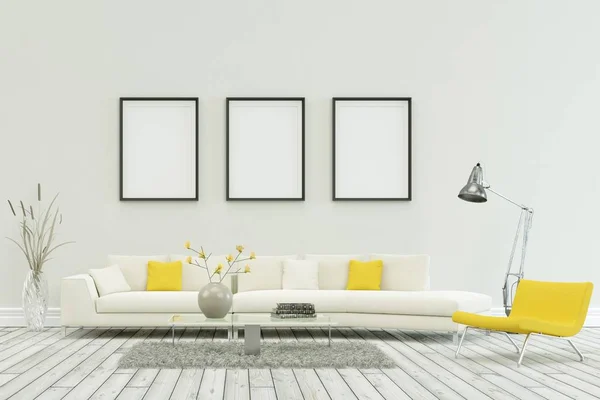 Biała kanapa w nowoczesnym stylu skandynawskim z trzech ramek — Zdjęcie stockowe