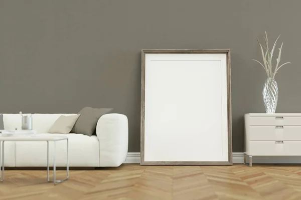 Biała kanapa we współczesny Skandynawski design z szarej ścianie — Zdjęcie stockowe