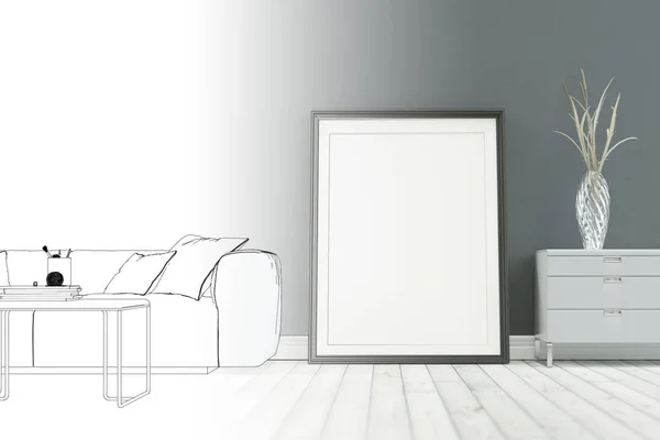 Interior Design Modern Loft Drawing Gradation Into Photograph — Stock Photo, Image