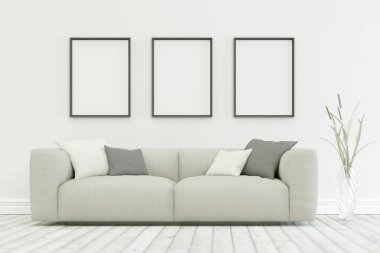 Üç kare ile modern İskandinav tasarım beyaz kanepe