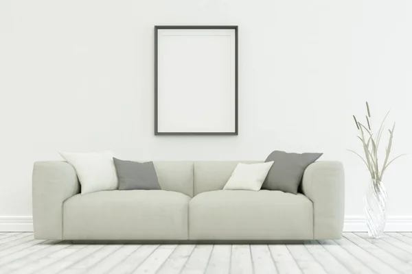 White sofa in modern scandinavian design with one Frames — Stock Photo, Image