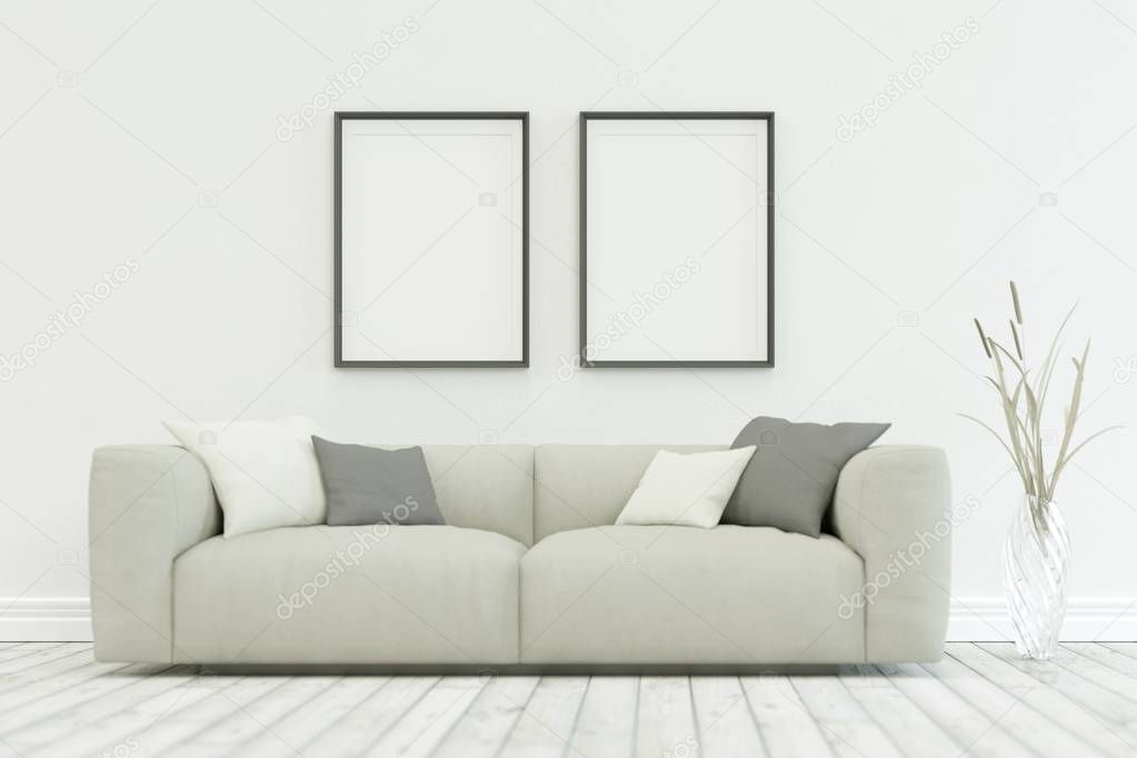 White sofa in modern scandinavian Interior design three Frames 3D Rendering