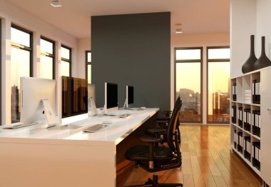 Modern gri ofis iç tasarım 3d render