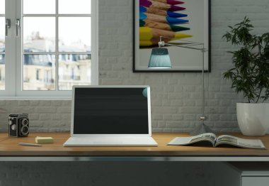 Dizüstü Mock-up siyah ekran Office masanın üzerinde duruyor.