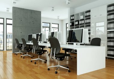 Modern gri ofis iç tasarım 3d render