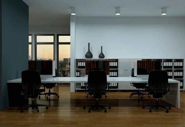 Design de interiores de escritório cinza moderno 3d renderização — Fotografia de Stock