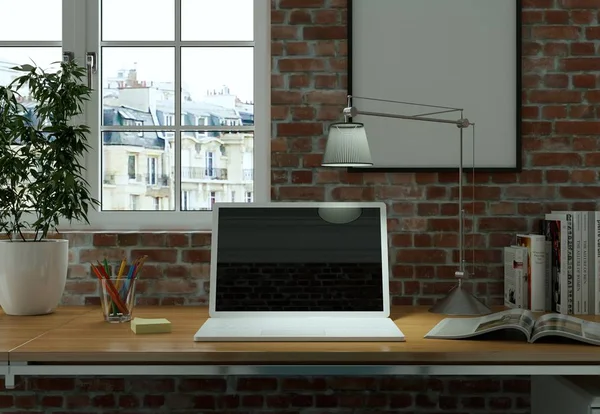 Makiety laptopa z czarnym ekranem stoi na biurka — Zdjęcie stockowe