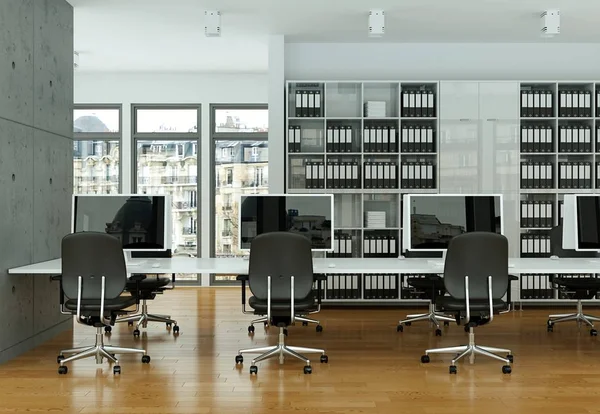 Современный серый интерьер офиса Дизайн 3D рендеринг — стоковое фото