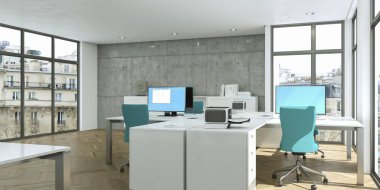 Modern beyaz ev ofis iç tasarım 3d render