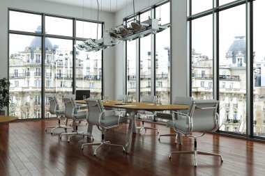 Modern konferans odası iç tasarım. 3D render