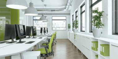 modern minimalist yeşil ofis iç tasarım 3d render