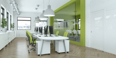 modern minimalist yeşil ofis iç tasarım 3d render
