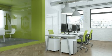 modern minimalist yeşil ofis iç tasarım 3d render