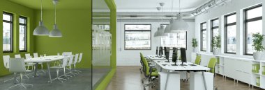 modern minimalist yeşil ofis iç tasarım 3d render
