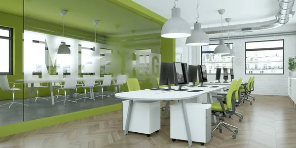 Moderna minimalistiska grön office inredning och Design 3d-rendering — Stockfoto