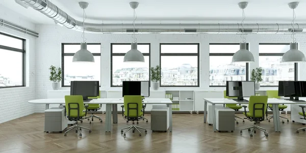 modern minimalist yeşil ofis iç tasarım 3d render