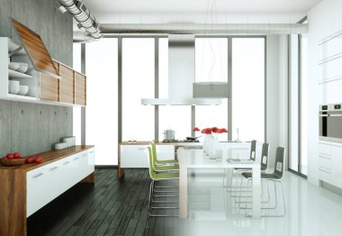 Beton duvar ile bir evde beyaz modern mutfak