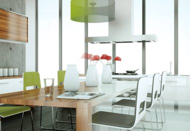 Beton duvar ile bir evde beyaz modern mutfak