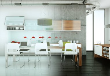 Beton duvar ile bir evde beyaz modern mutfak